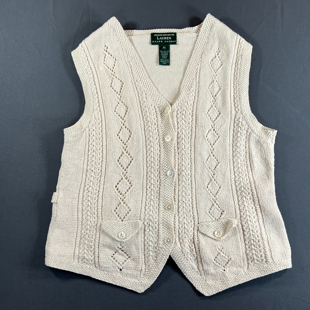 Lauren Ralph Lauren Hand Knit Cotton Sweater Vest Cream Cable Knit Button Up M - Picture 2 of 7